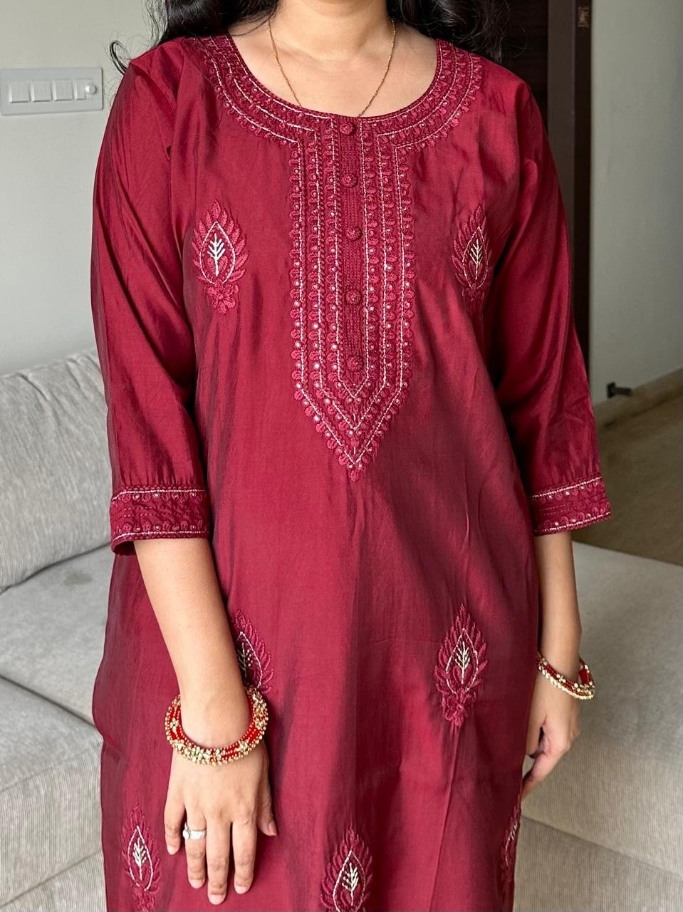 Nihaal Embroidered Muslin Silk Set- Maroon