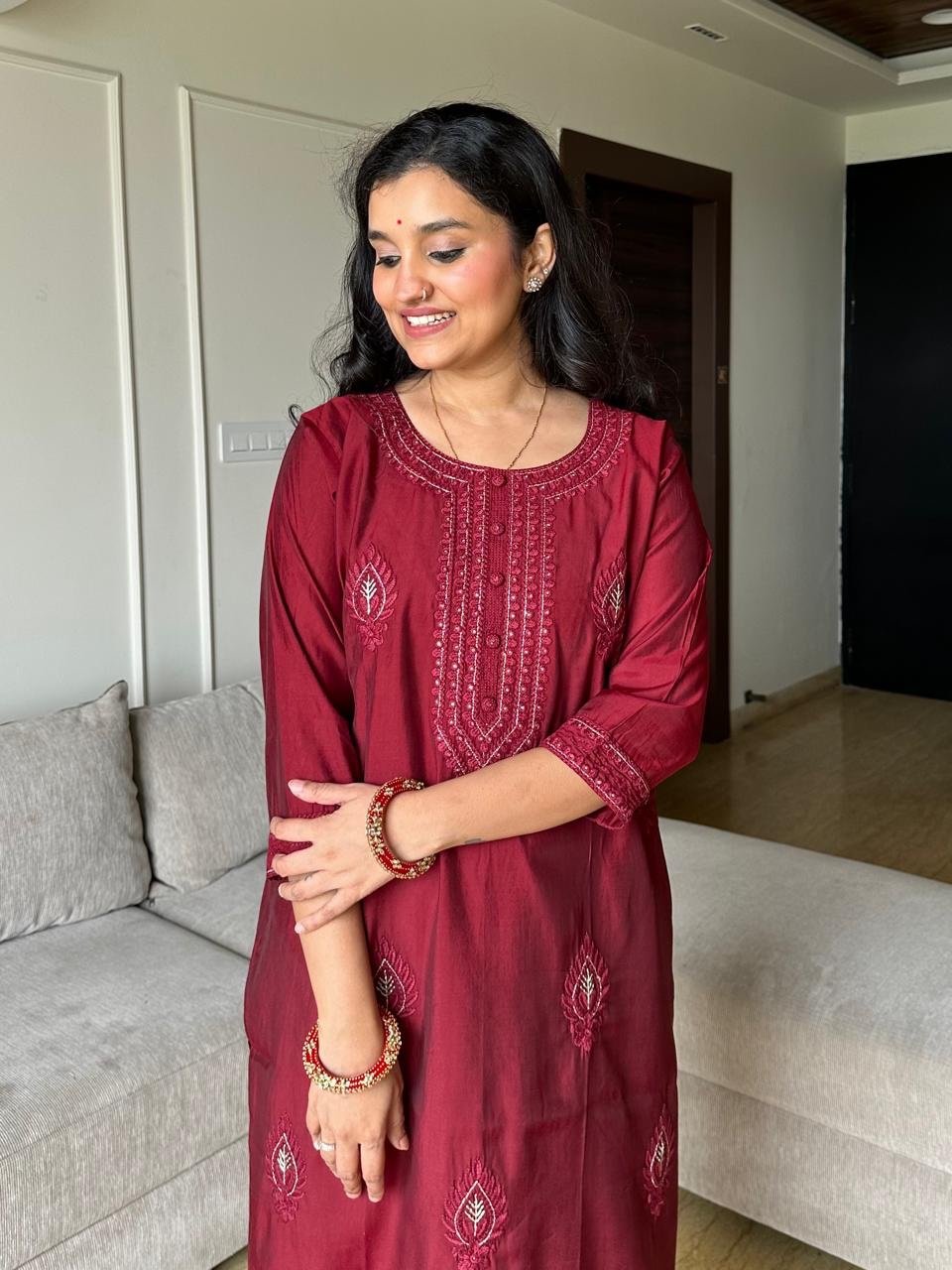 Nihaal Embroidered Muslin Silk Set- Maroon