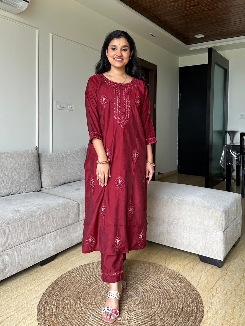 Nihaal Embroidered Muslin Silk Set- Maroon