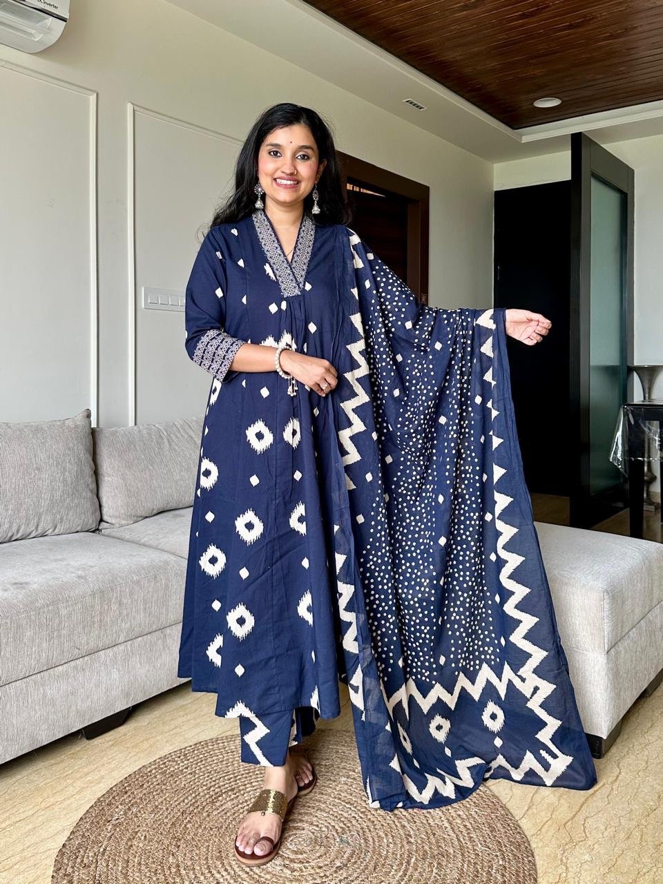 Jashan Flared Cotton Set- Blue
