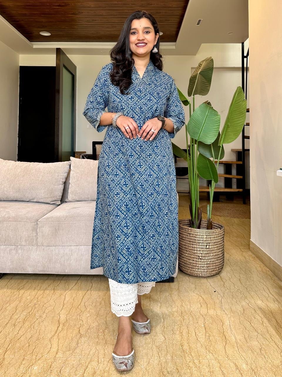 V-Neck Cotton Kurta- Navy Jaal