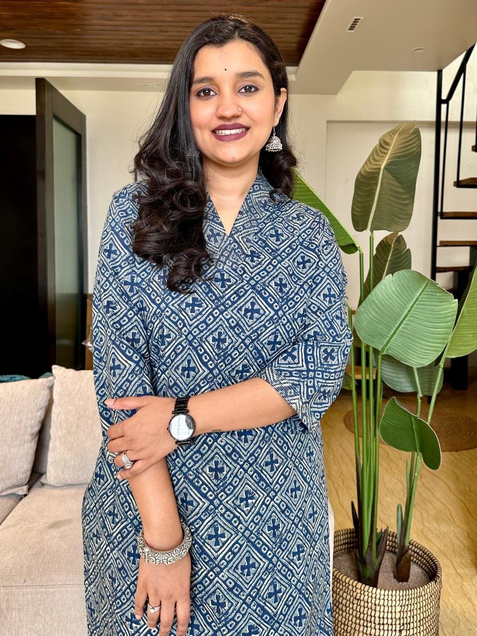 V-Neck Cotton Kurta- Navy Jaal