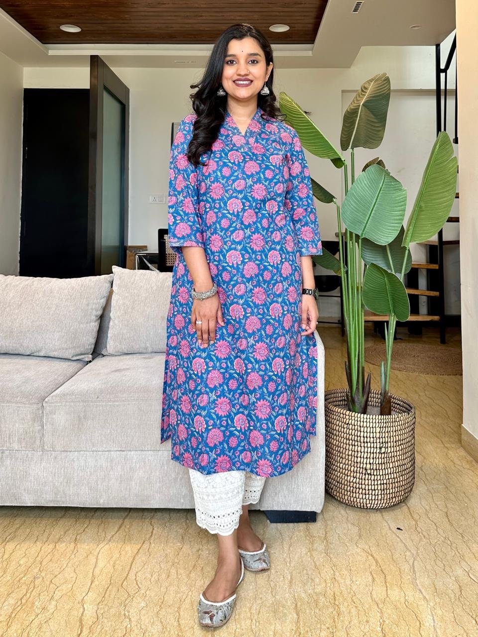 V-Neck Cotton Kurta- Bright Blue Pink Florals