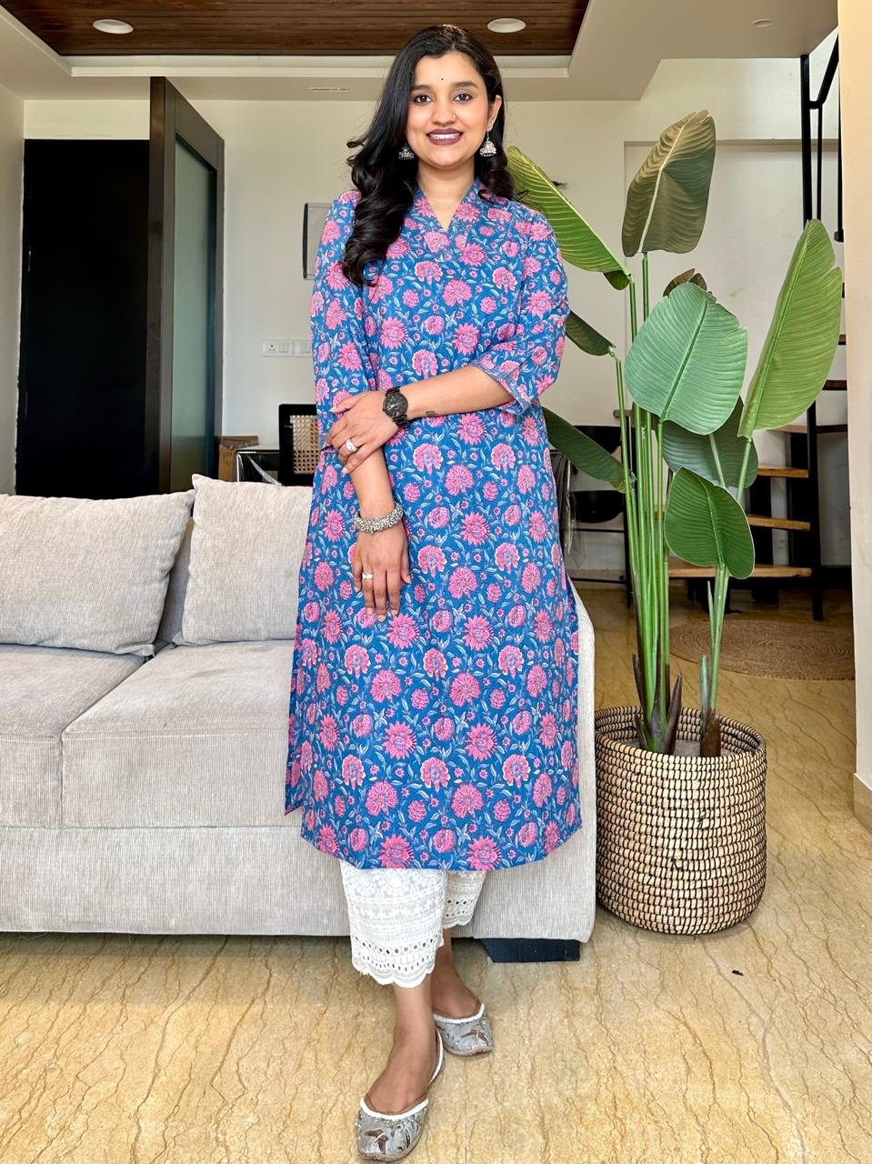 V-Neck Cotton Kurta- Bright Blue Pink Florals