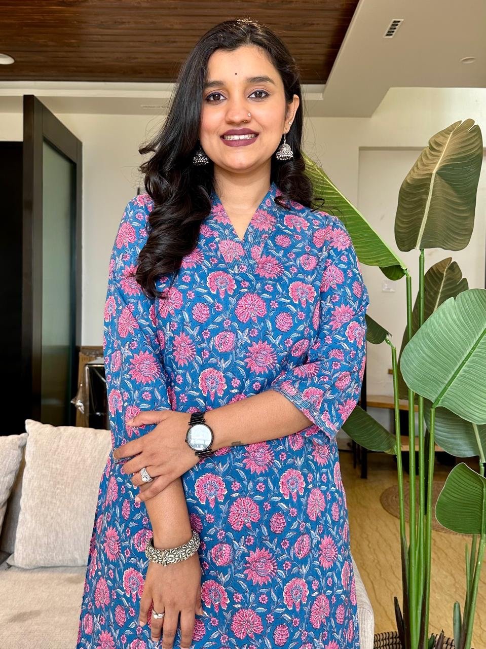 V-Neck Cotton Kurta- Bright Blue Pink Florals
