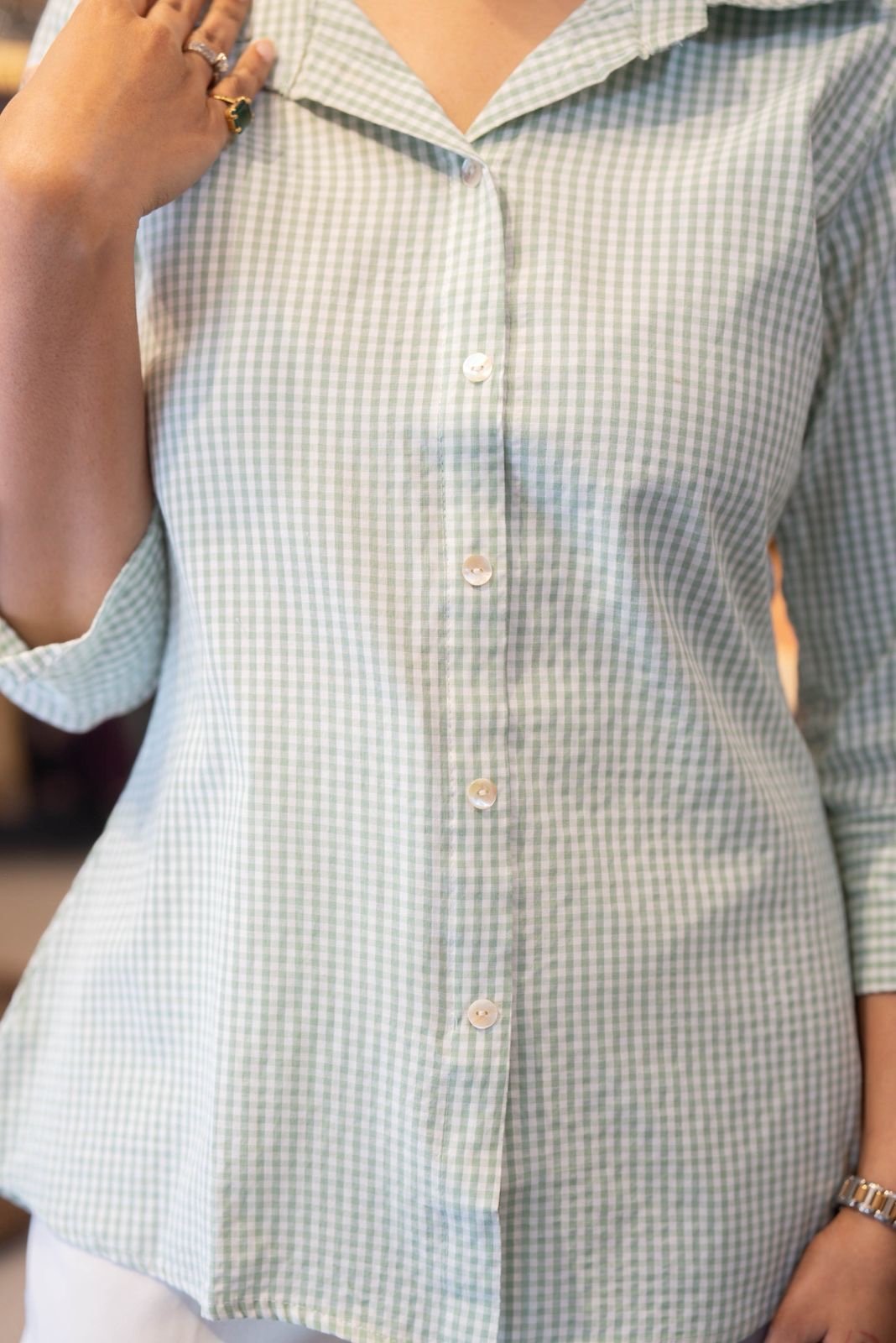 Shriya Gingham Cotton Shirt- Pastel Green