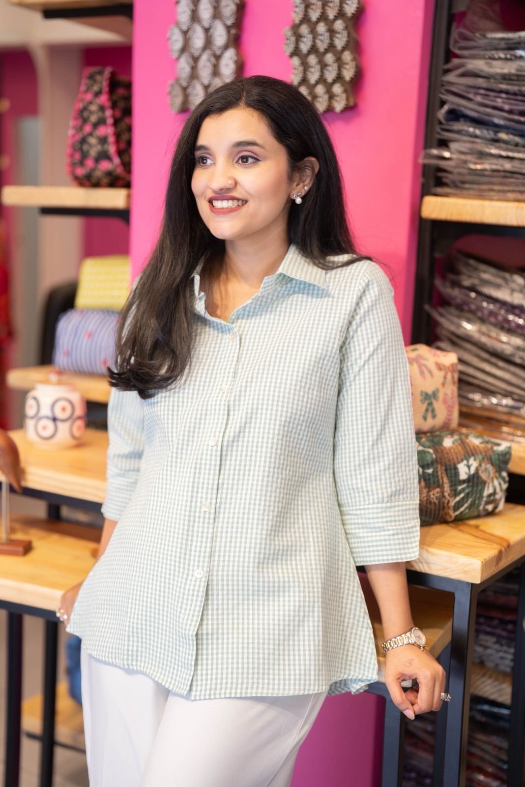 Shriya Gingham Cotton Shirt- Pastel Green
