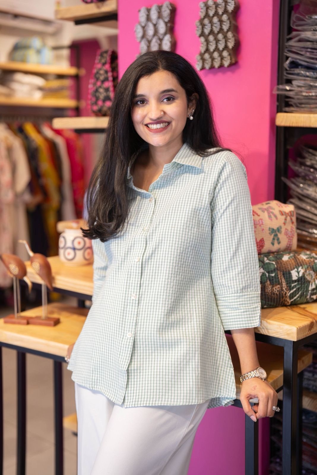 Shriya Gingham Cotton Shirt- Pastel Green