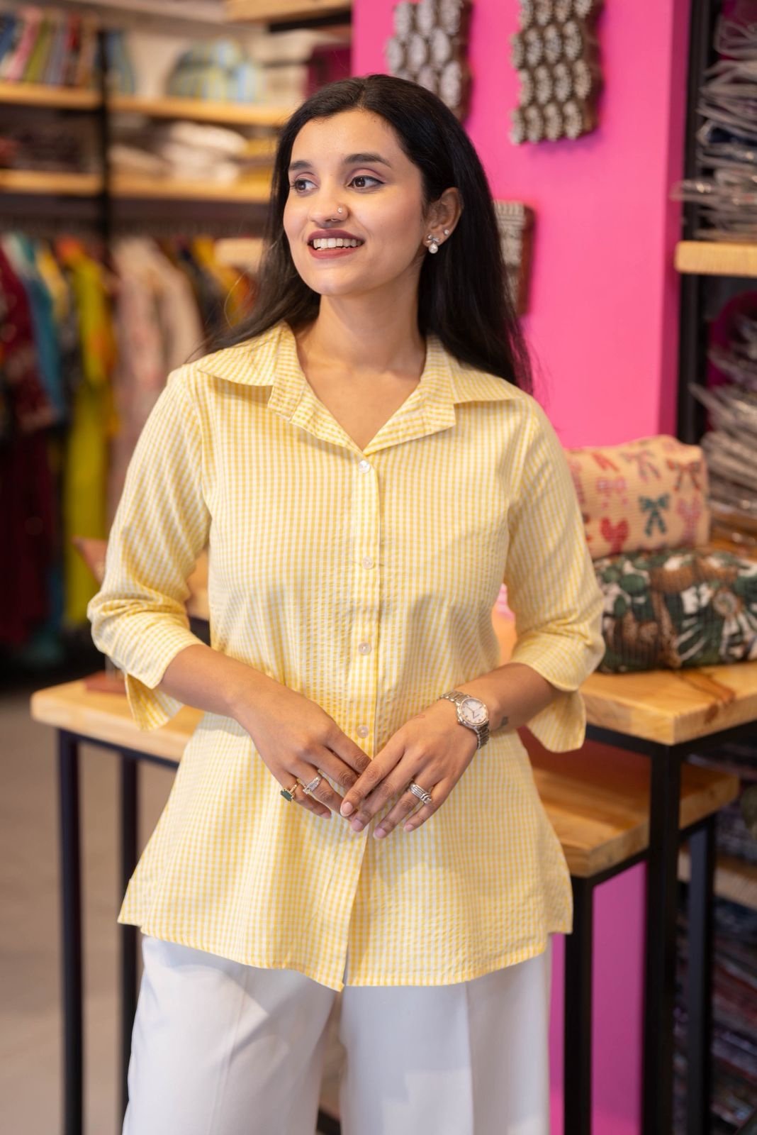 Shriya Gingham Cotton Shirt- Yellow