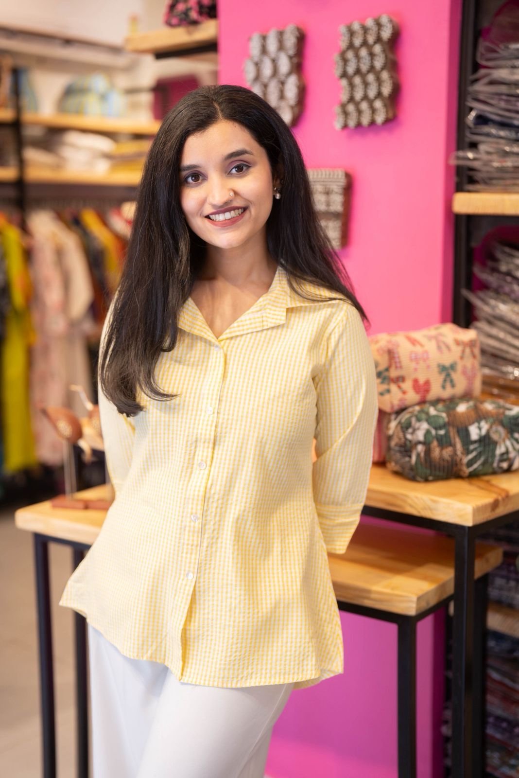 Shriya Gingham Cotton Shirt- Yellow