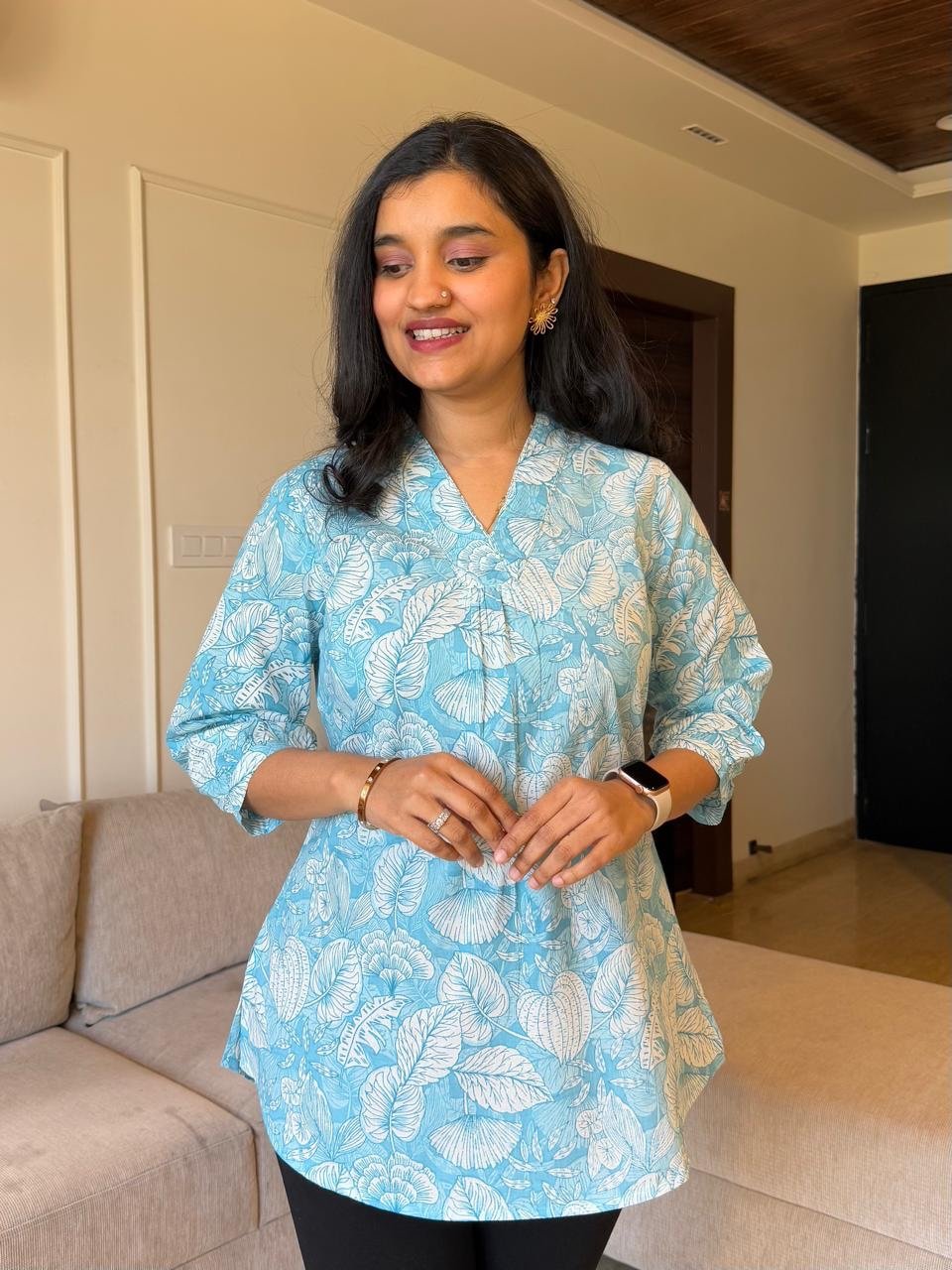 Misha Cotton Short Top- Light Blue Leaves