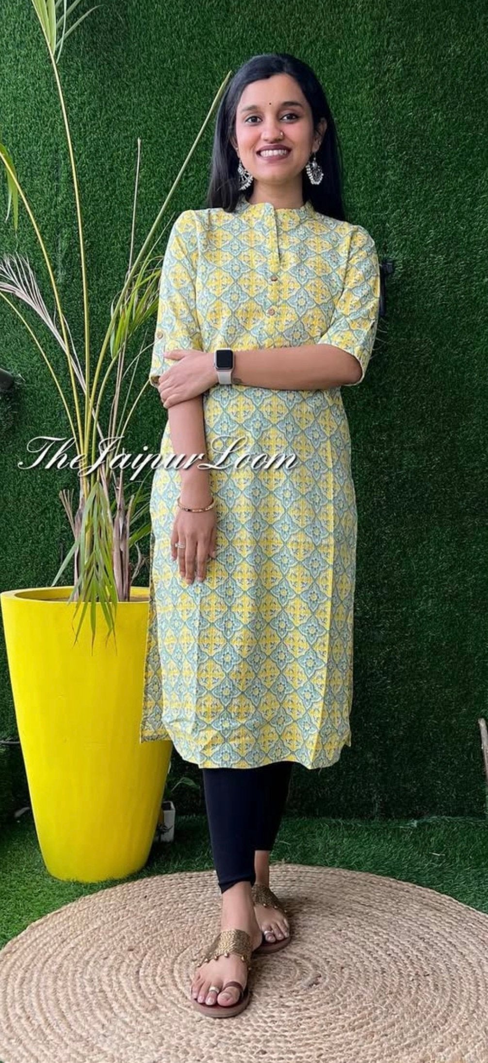 Weekend Cotton Kurta- Lime Jaal