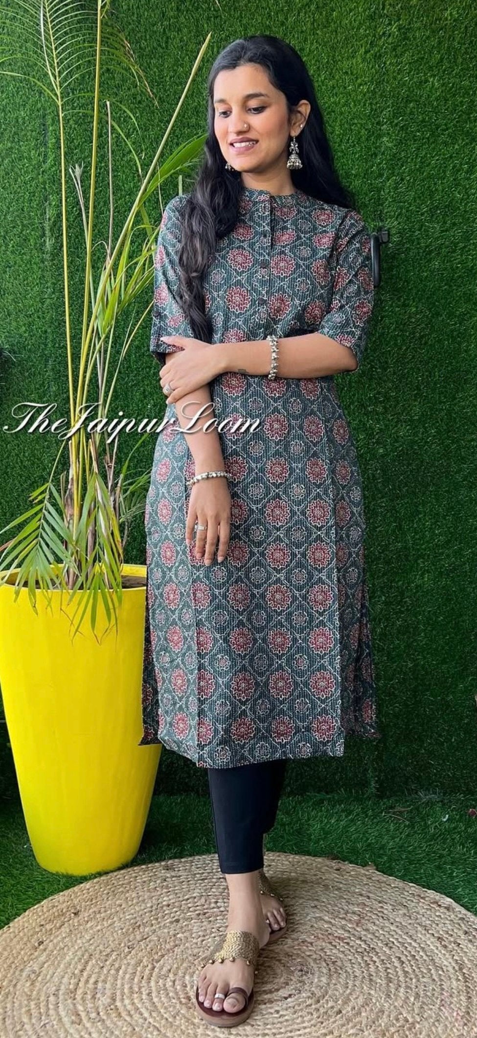 Weekend Cotton Kurta- Dark Green Jaal