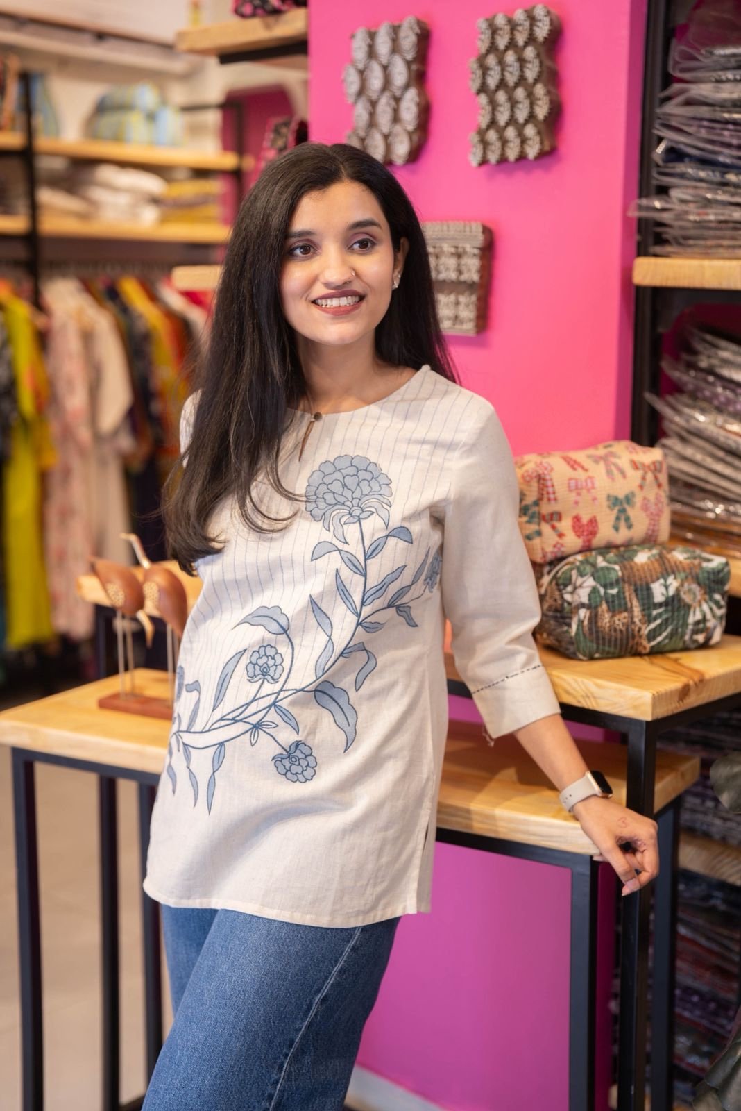 Ruhana Embroidered Slub Cotton Top