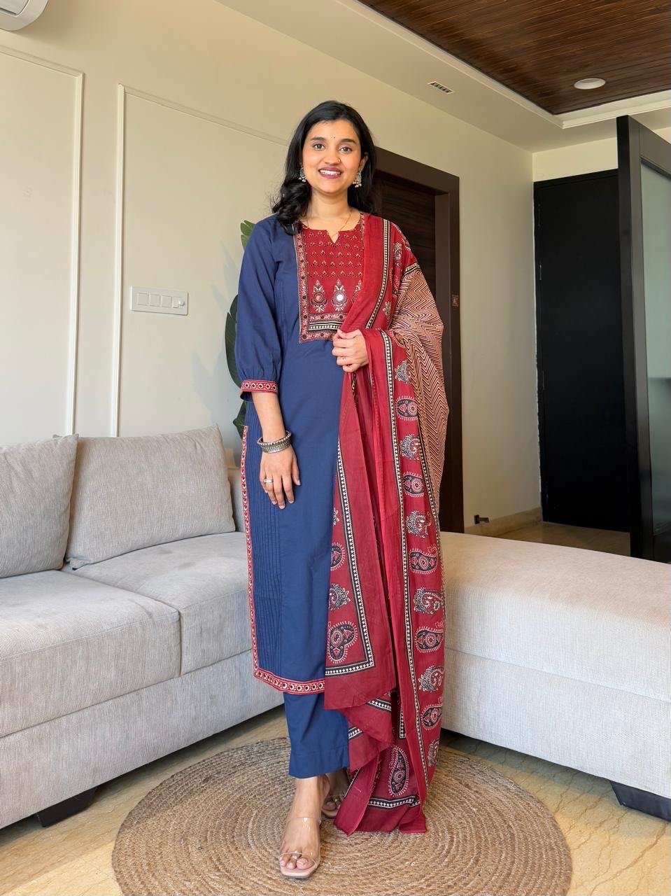 Kamya Ajrakh Dupatta Set- Blue