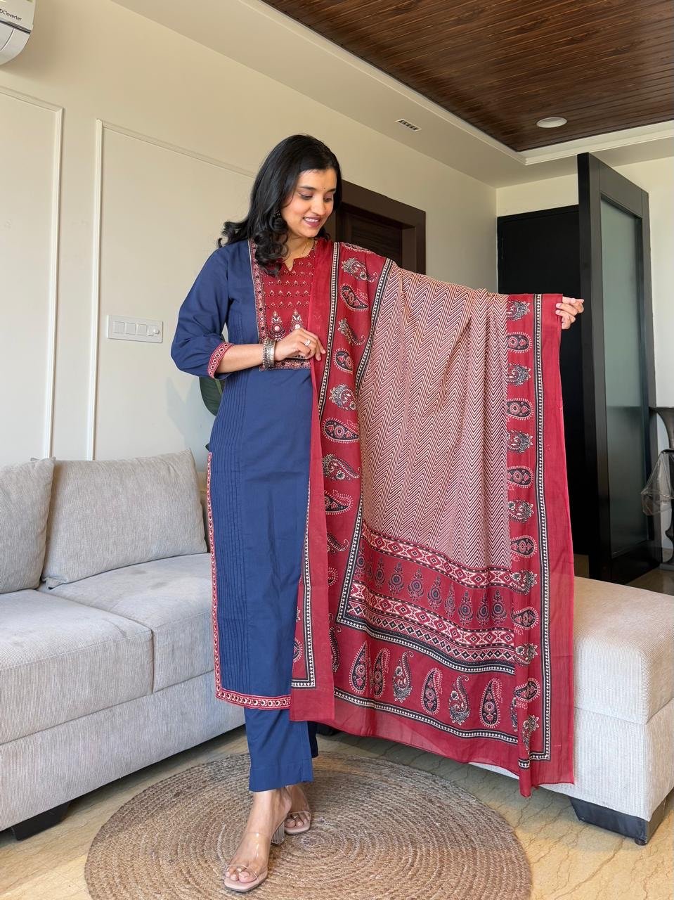 Kamya Ajrakh Dupatta Set- Blue