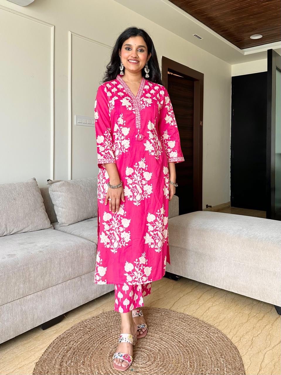 Ruhi Boota Cotton Set- Pink