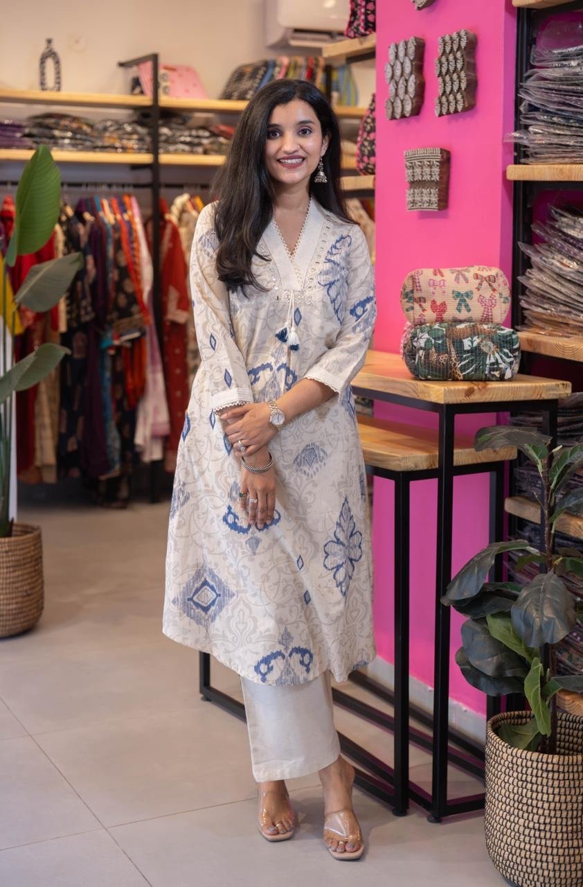 Leena Ikkat Slub Cotton Set- Blue
