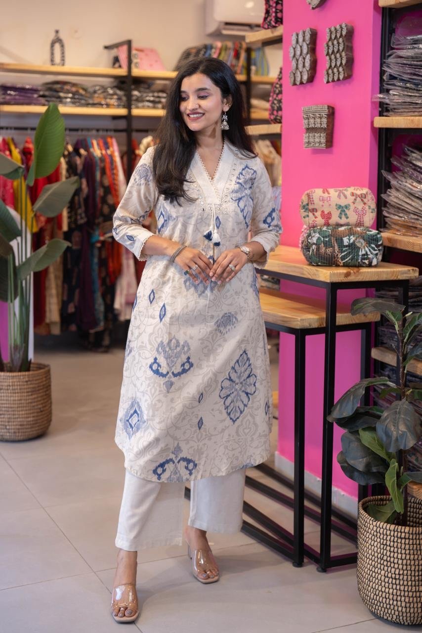Leena Ikkat Slub Cotton Set- Blue