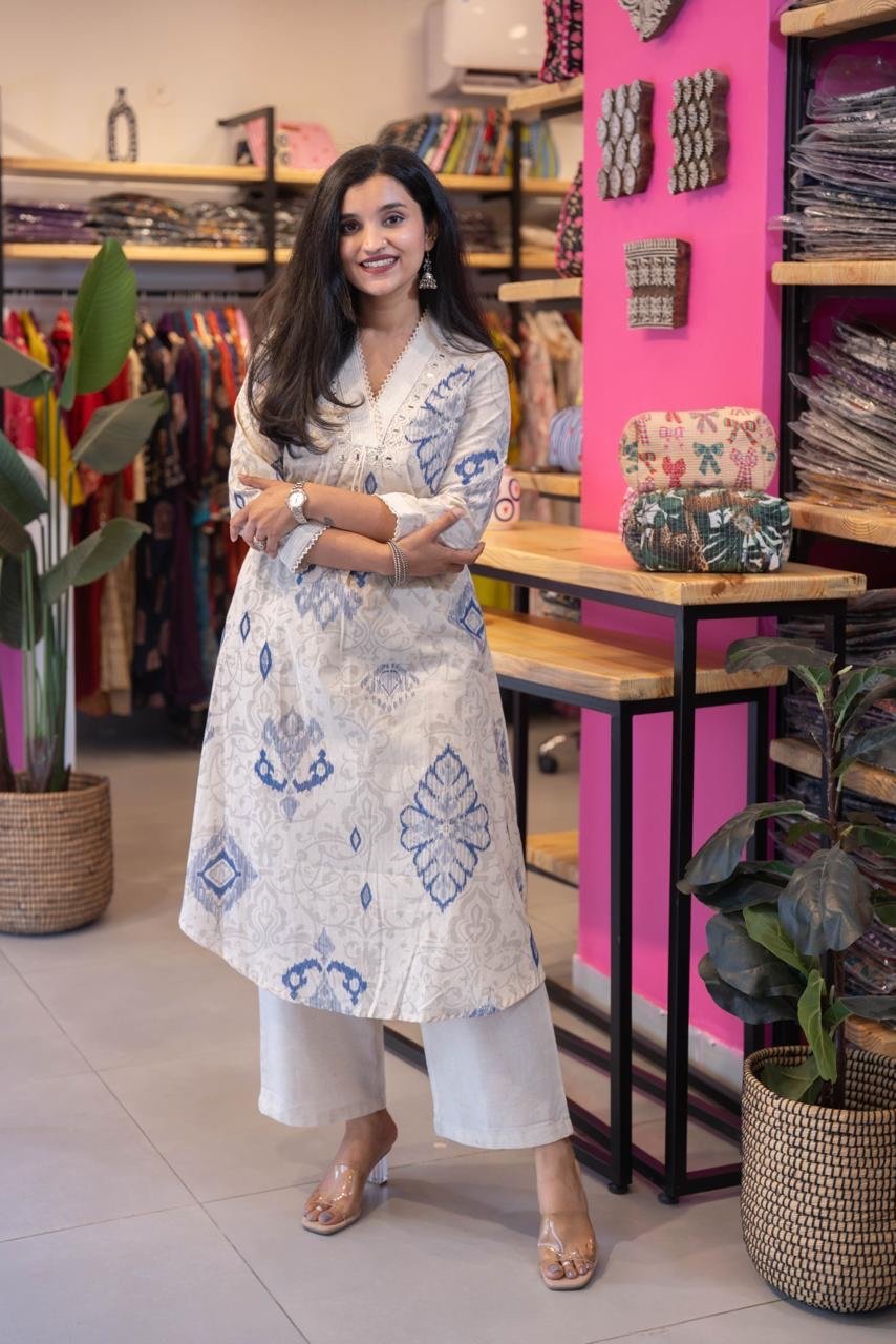 Leena Ikkat Slub Cotton Set- Blue