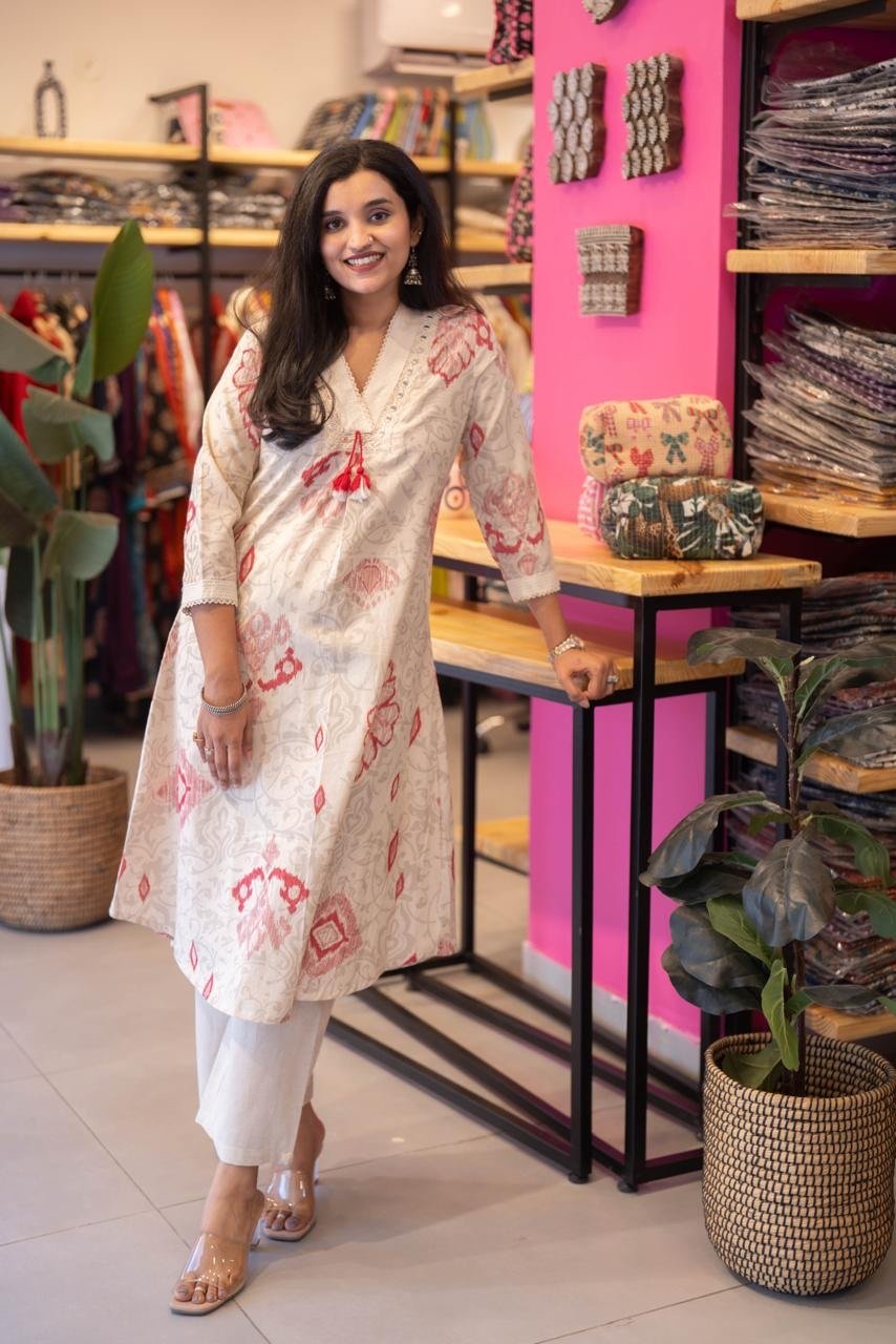 Leena Ikkat Slub Cotton Set- Red