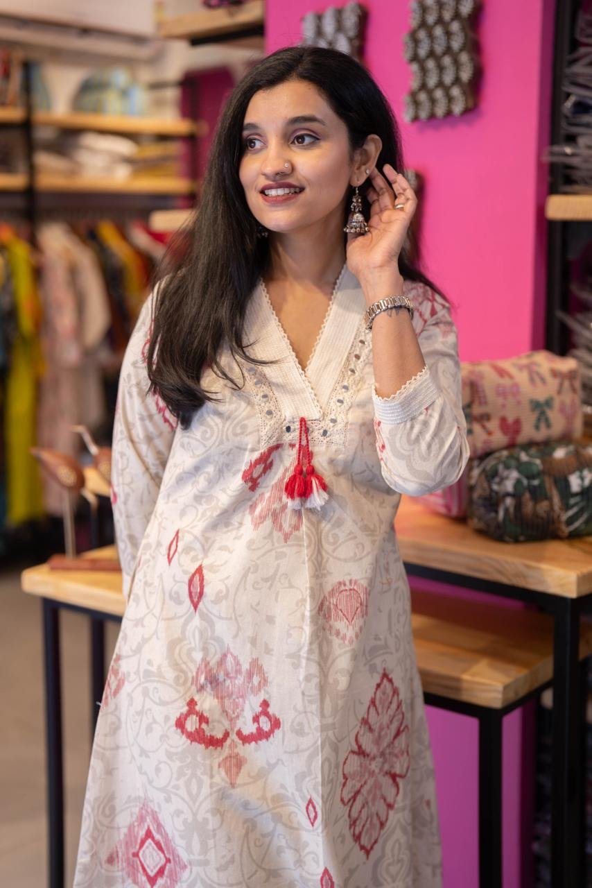 Leena Ikkat Slub Cotton Set- Red