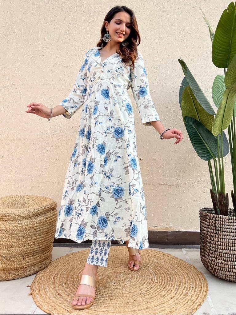 Cotton Coord Set- White Blue Floral
