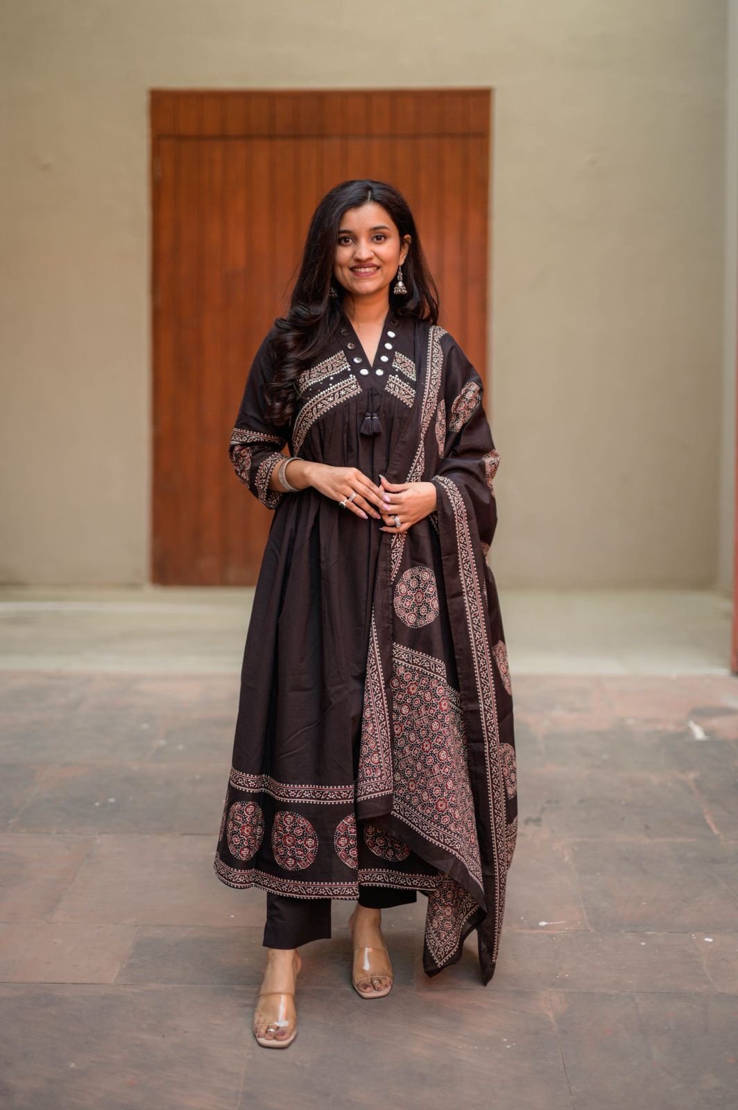 Liya Flared Ajrakh Cotton Set- Black