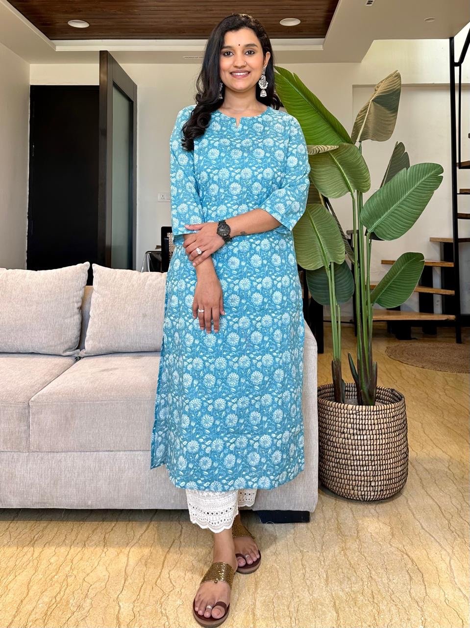 Minimal Bling Cotton Kurta- Sky Blue