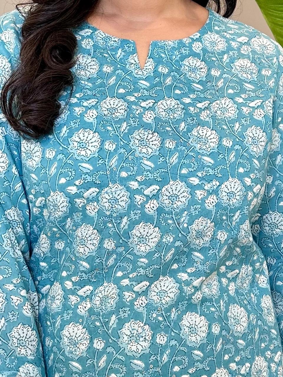 Minimal Bling Cotton Kurta- Sky Blue