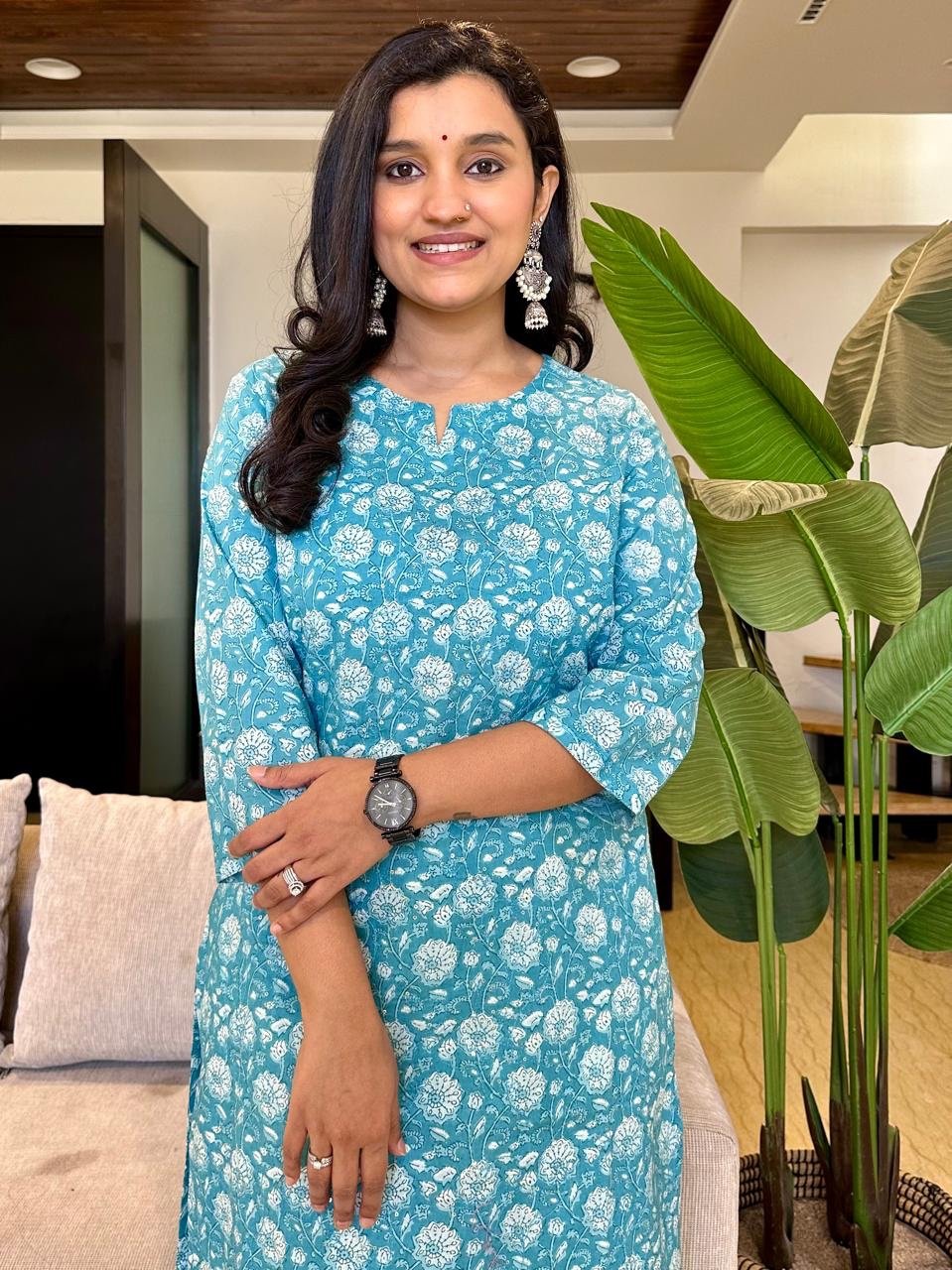 Minimal Bling Cotton Kurta- Sky Blue