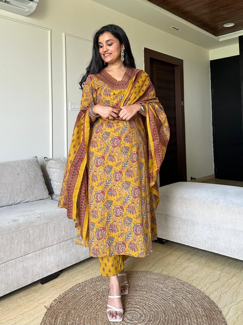 Khwaab Floral Cotton Set- Yellow