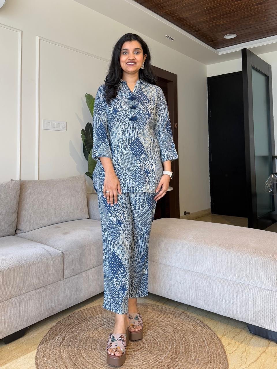 Rasha Collared Coord Set- Blue Mix Print