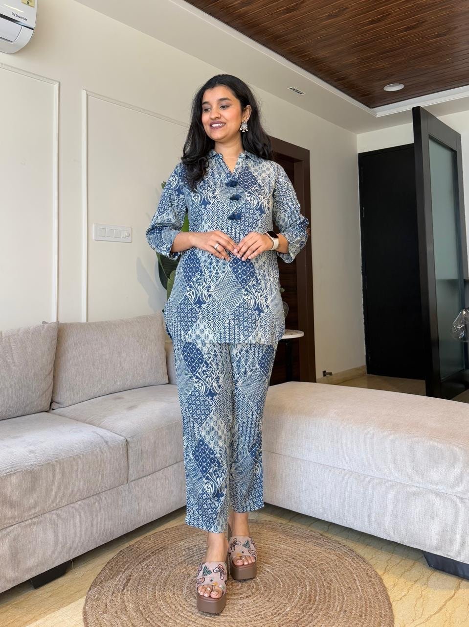 Rasha Collared Coord Set- Blue Mix Print