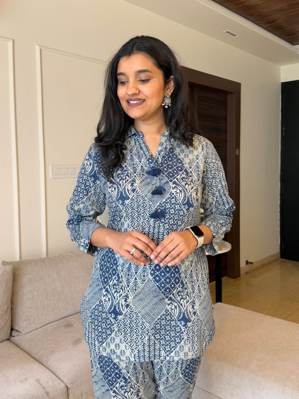 Rasha Collared Coord Set- Blue Mix Print