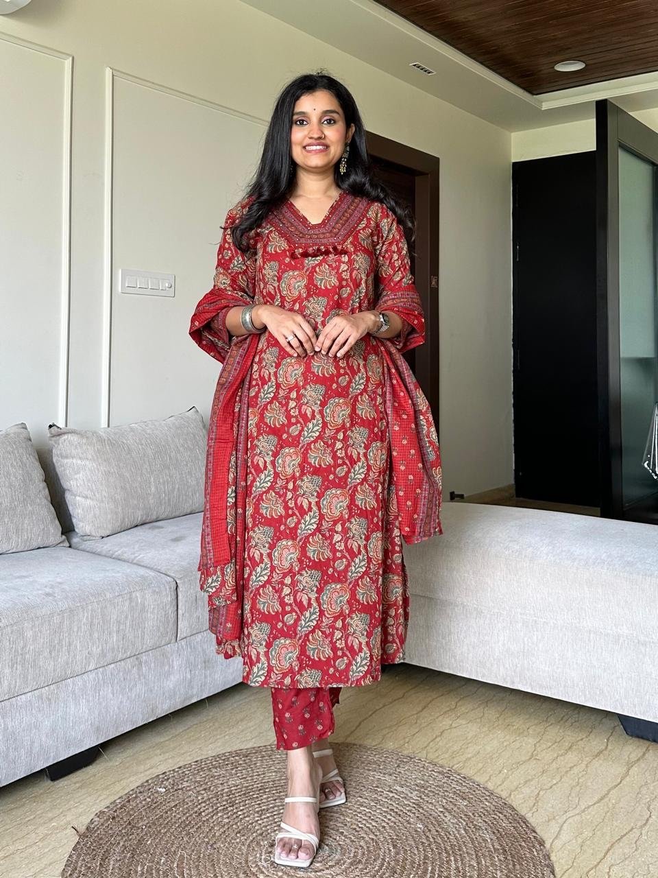 Khwaab Floral Cotton Set- Red