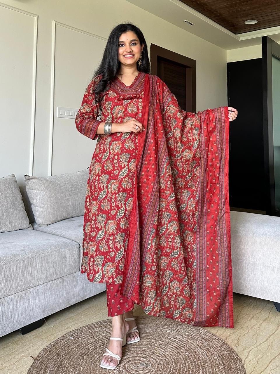 Khwaab Floral Cotton Set- Red