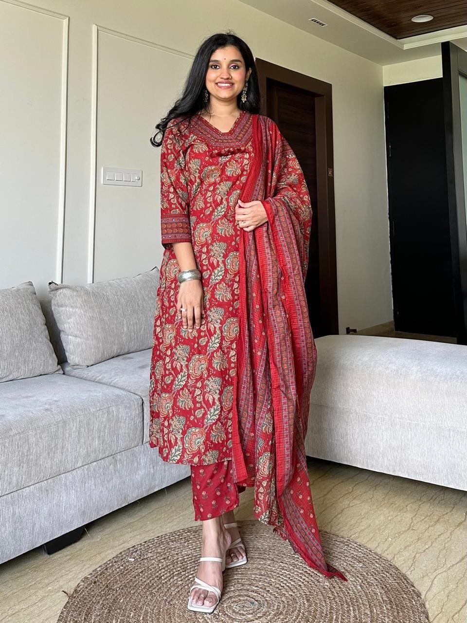 Khwaab Floral Cotton Set- Red