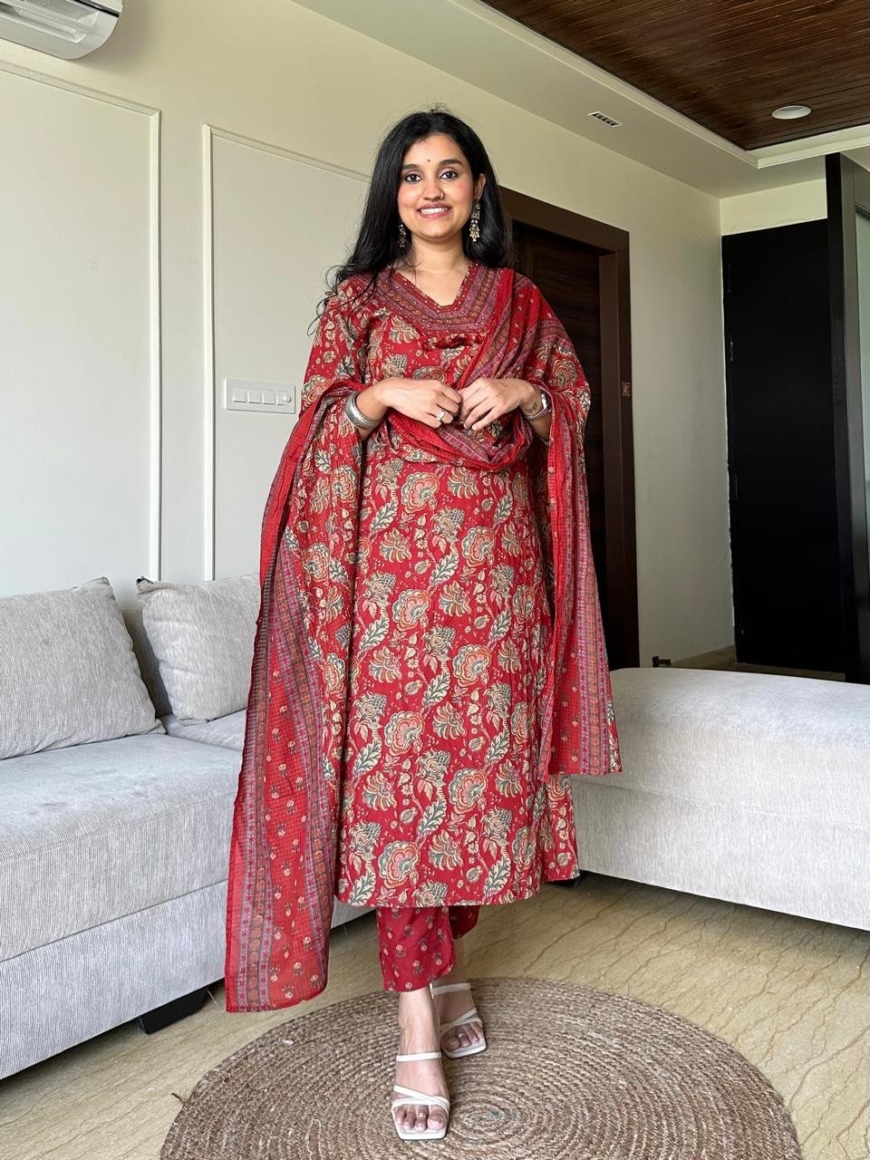 Khwaab Floral Cotton Set- Red