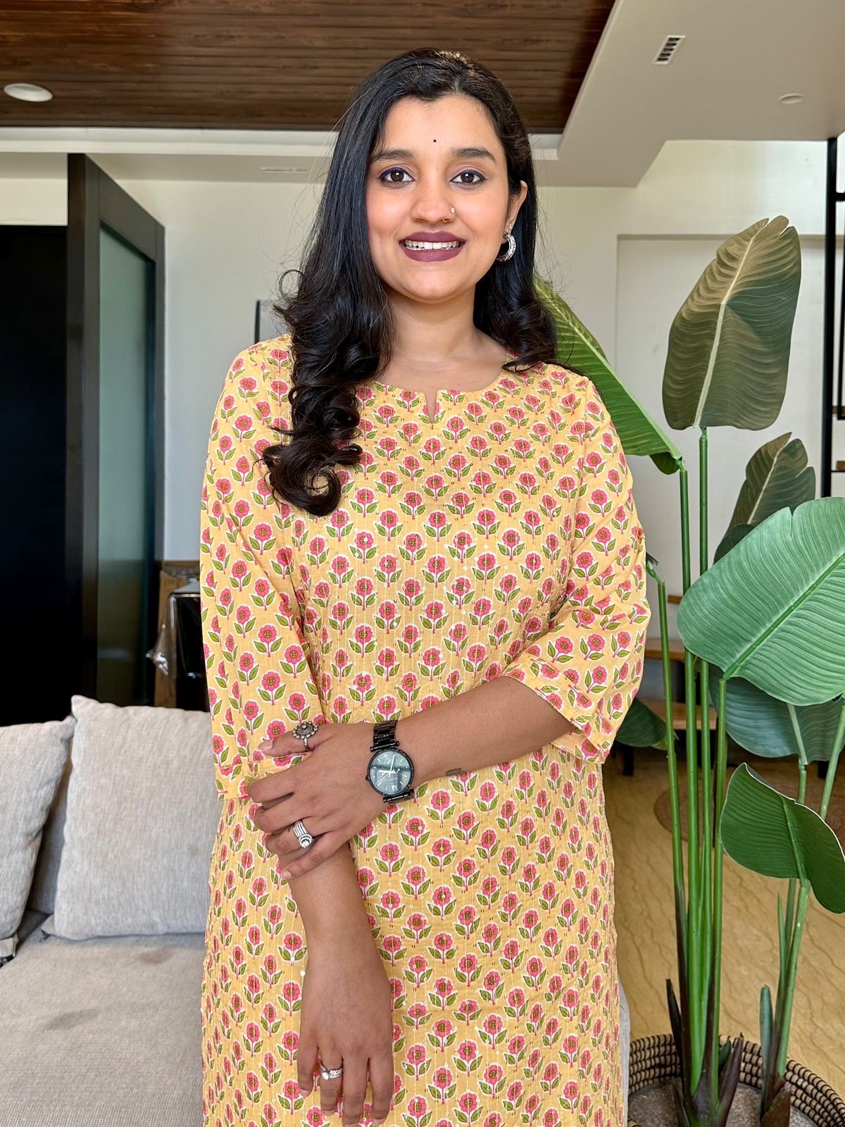 Bling Cotton Kurta- Light Yellow Booti