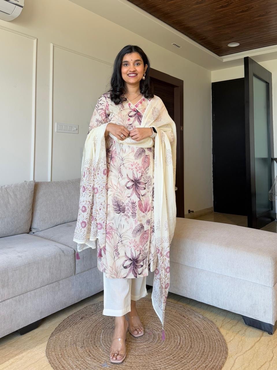 Ishara Off White Floral Set- Pink