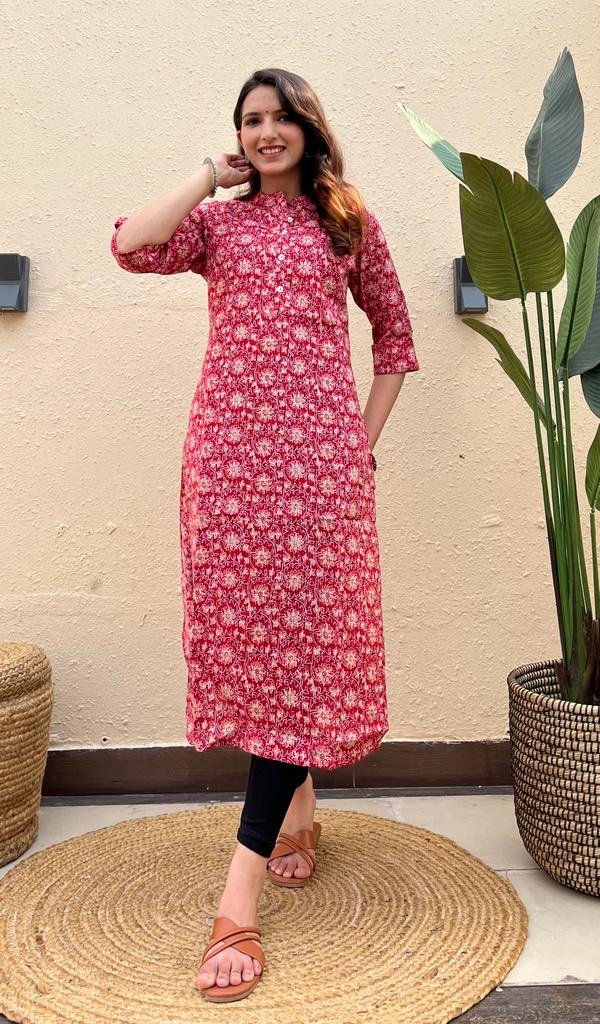 Weekend Cotton Offer Kurta- Red Jaal