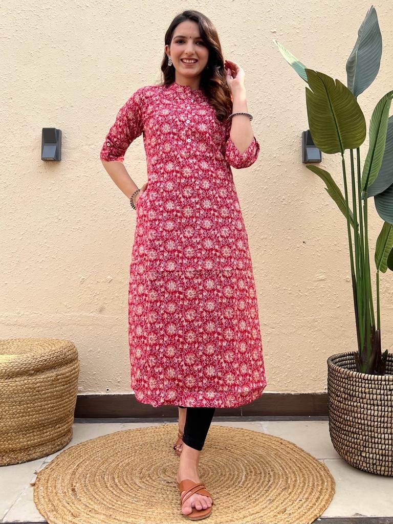 Weekend Cotton Offer Kurta- Red Jaal