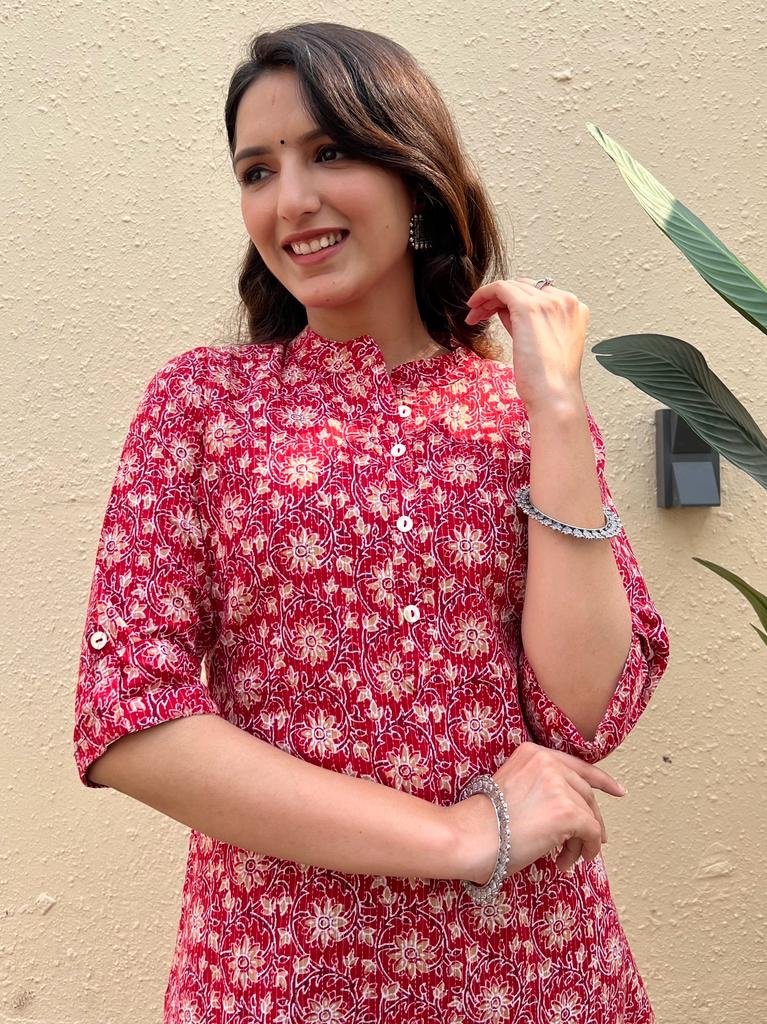 Weekend Cotton Offer Kurta- Red Jaal