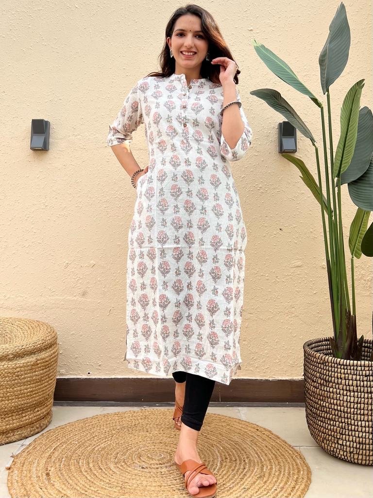Weekend Offer Cotton Kurta- White Pink Boota1