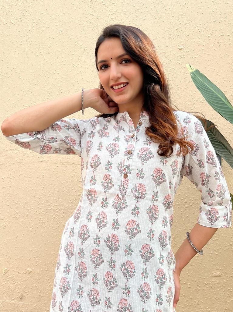 Weekend Offer Cotton Kurta- White Pink Boota1