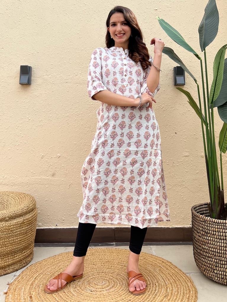 Weekend Offer Cotton Kurta- White Pink Boota2