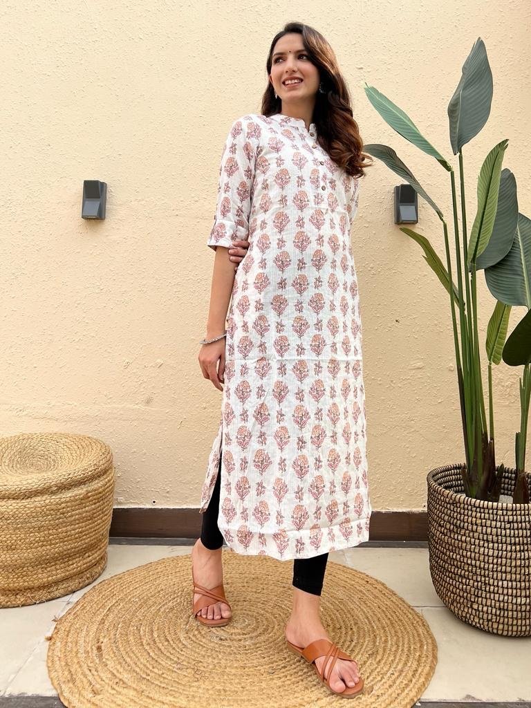 Weekend Offer Cotton Kurta- White Pink Boota2