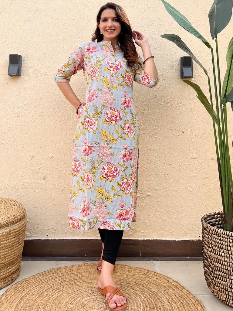 Weekend Offer Cotton Kurta- Grey Red Floral