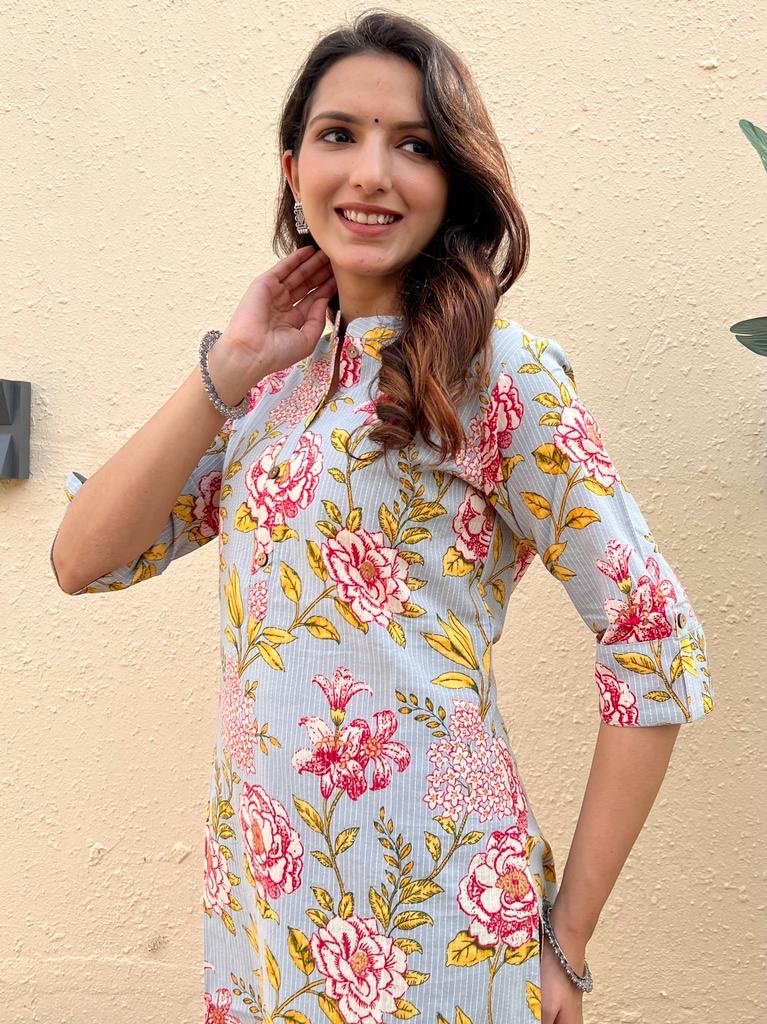 Weekend Offer Cotton Kurta- Grey Red Floral